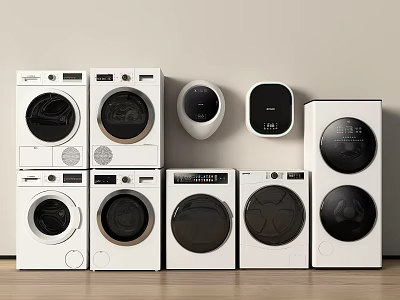 White Front Loading Washing Machines And Dryers In Various Styles With Smart Devices 3d model