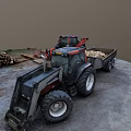 Two Black Tractors With Wood Logs And Trailer In Rural Work Scene
