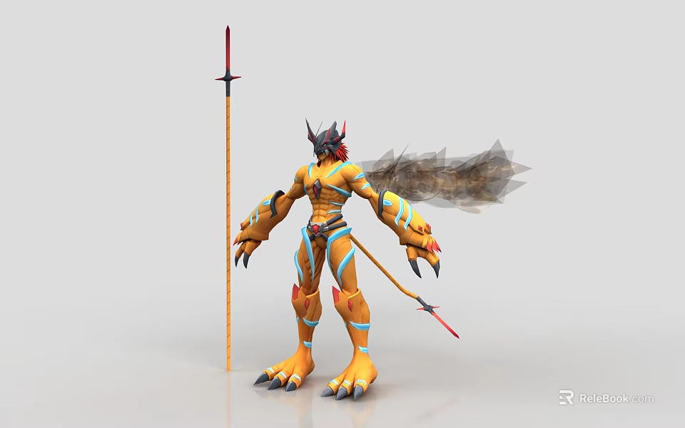 Game Fantasy Character With Yellow Body Horned Head Black Wings Sharp Claws And Spear 3d model 