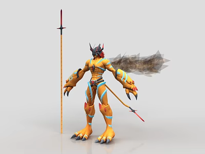 Game Fantasy Character With Yellow Body Horned Head Black Wings Sharp Claws And Spear 3d model