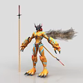 Game Fantasy Character With Yellow Body Horned Head Black Wings Sharp Claws And Spear