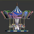 Colorful Amusement Park Carousel Ride With Decorative Canopy Flags Horses And Eiffel Tower Paintings