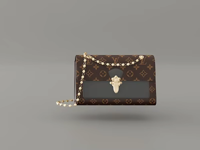 Luxury Brown Patterned Leather Handbag With Golden Clasp Chain Strap And Gray Panel 3d model