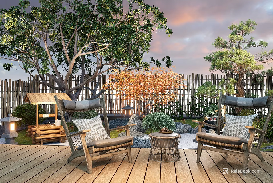 Waterside Landscape With Wooden Deck Rocking Chairs Coffee Table Green Plants And Sunset Sky 3d model 