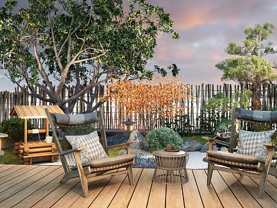 Waterside Landscape With Wooden Deck Rocking Chairs Coffee Table Green Plants And Sunset Sky 3d model