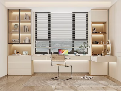 Modern Minimalist Home Office Desk With Built in Bookshelves Window Blinds Ergonomic Chair Laptop Potted Plant 3d model