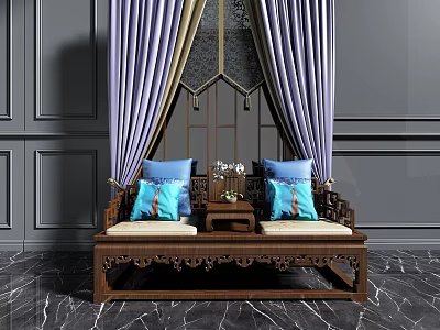 Traditional Chinese Wooden Carved Luohan Bed With Blue Cushions Small Tea Table And Purple Curtains 3d model