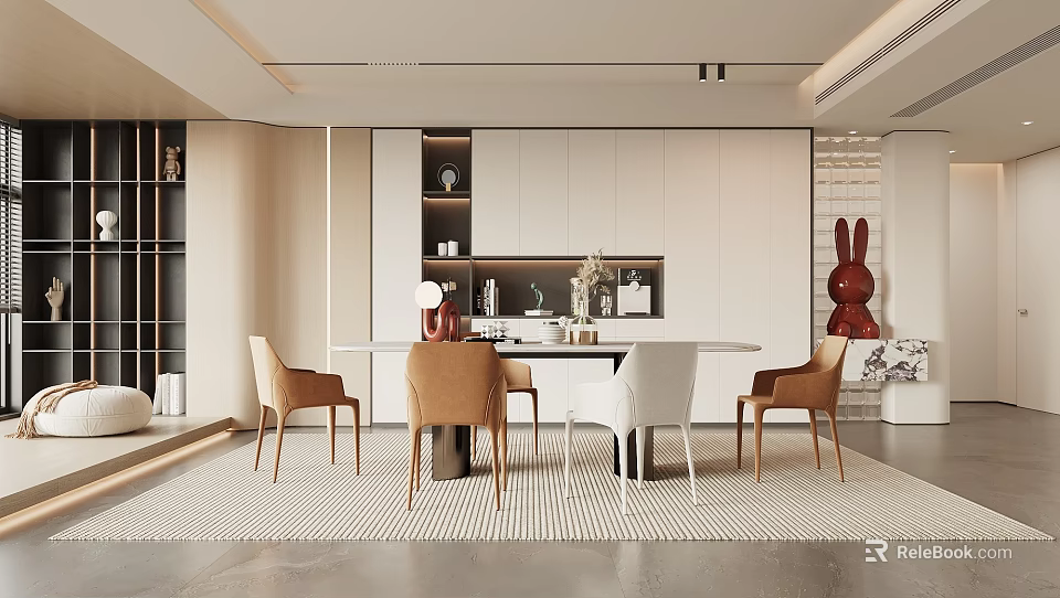 Modern Restaurant Interior With White Dining Table Wooden Chairs And Decorative Elements 3d model