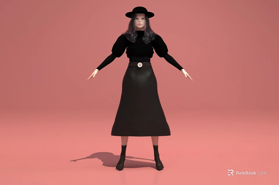Artistic Detailed Female Sculpture with Gray Long Hair Black Clothing Hat Long Skirt and Boots 3d model 