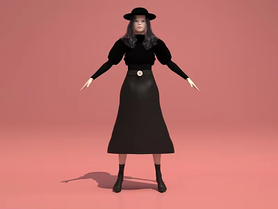 Artistic Detailed Female Sculpture with Gray Long Hair Black Clothing Hat Long Skirt and Boots 3d model