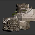 Traditional Tiered Stone Building Constructed on Rock with Steps Platforms and Vegetation