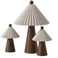 Three Modern Minimalist Table Lamps With Pleated White Shades And Walnut Wood Bases