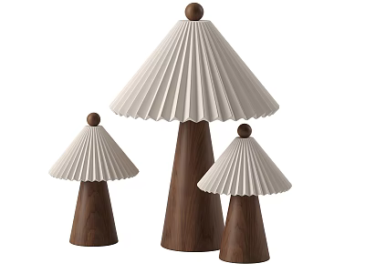 Three Modern Minimalist Table Lamps With Pleated White Shades And Walnut Wood Bases 3d model