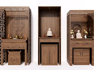 Traditional Chinese Wooden Buddhist Shrine Cabinet With Intricate Carvings And Buddha Statue 3d model