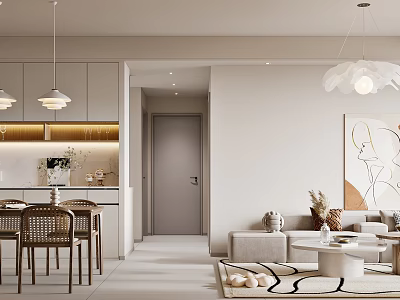 Modern Minimalist Dining Living Room Interior With Sofa Dining Table Pendant Lights And Rug 3d model