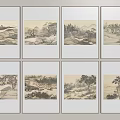 Eight Traditional Style Landscape Paintings With Mountains Rivers And Trees Framed Arranged