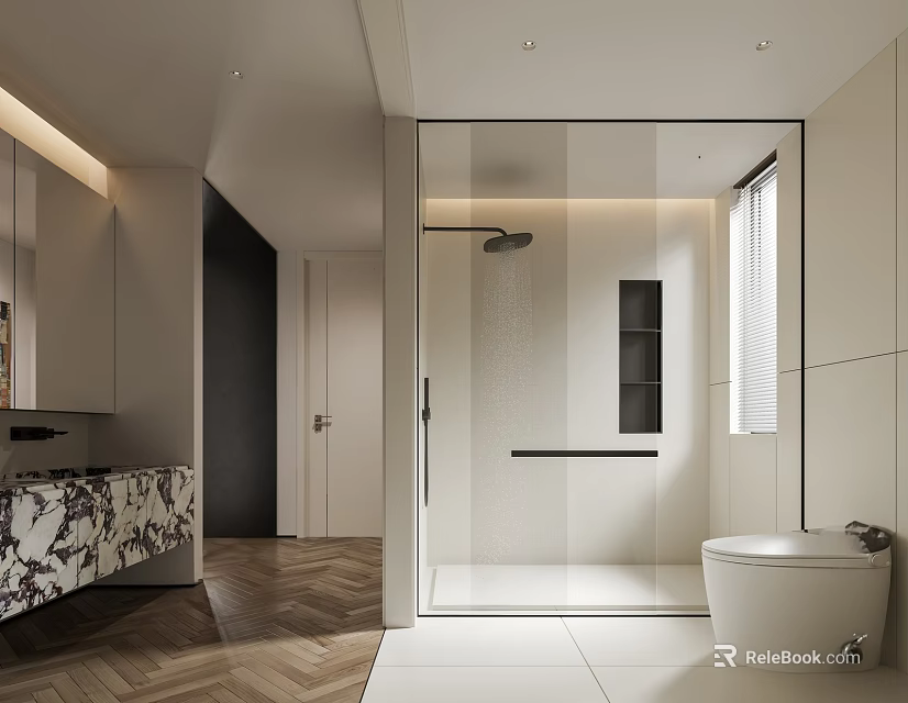 Modern Bathroom Interior With Glass Shower Enclosure Marble Vanity White Toilet And Herringbone Flooring 3d model 