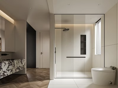 Modern Bathroom Interior With Glass Shower Enclosure Marble Vanity White Toilet And Herringbone Flooring 3d model