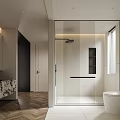 Modern Bathroom Interior With Glass Shower Enclosure Marble Vanity White Toilet And Herringbone Flooring