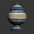 Artisan Carved Decorative Jar With Colorful Patterns Green Lid And Blue Base