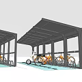 Outdoor Bicycle Canopy With Metal Structure For Orange Bikes On Blue Floor