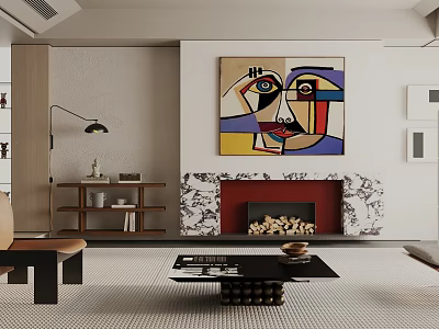 Modern Living Room Interior With Colorful Abstract Painting Marble Fireplace And Black Coffee Table 3d model
