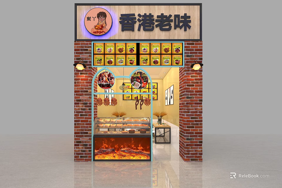 Hong Kong Style Shopping Mall Store With Red Brick Exterior And Food Display Window 3d model 