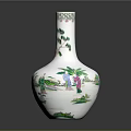 White Decorative Vase With Hand Painted Figures And Green Plant Patterns 3d model