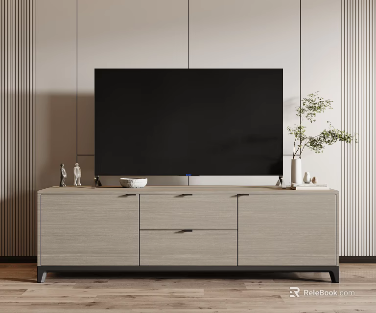 Light Wood TV Stand With Drawers Large Screen TV Top Decorative Items Vertical Striped Wall 3d model 