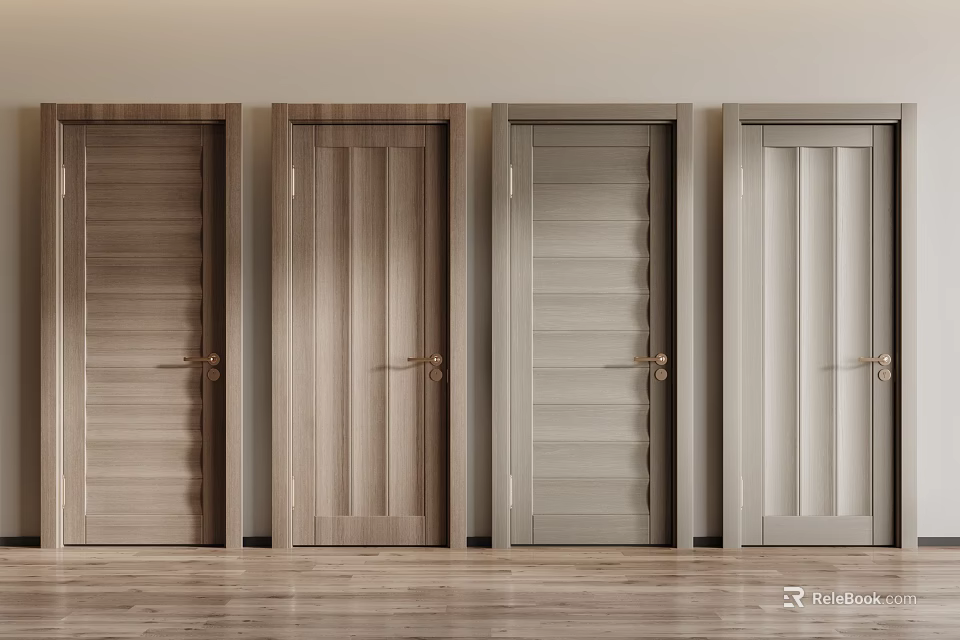 Hinged Doors With Various Designs And Colors In Interior Featuring Wooden Floor And Light-Colored Walls 3d model 