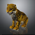 3D Cheetah Cub Model with Yellow Black Spotted Fur Red Eyes Sitting on Reflective Surface