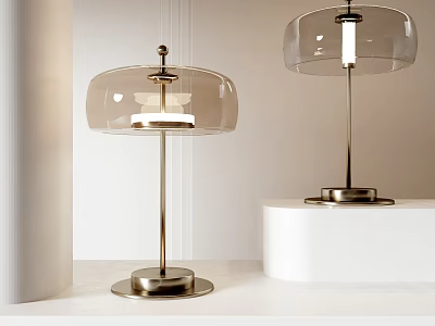 Modern Table Lamps with Clear Glass Shades and Brass Metal Base on White Pedestals 3d model