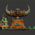 Unique Skull Shaped Backpack With Horns Orange Color Green Cylindrical Accessories And Rope Decoration