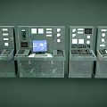 Gritty Industrial Control Consoles With Buttons Dials Screens And Worn Green Surface