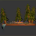 Scenic Landscape with Tall Pine Trees Blue River Small Waterfall Wooden Log and Purple Flowers