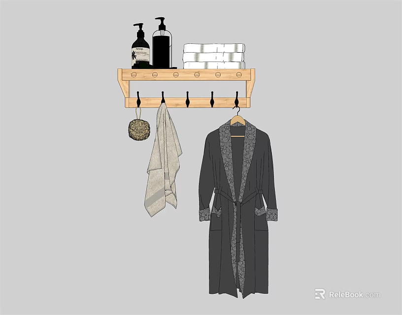 Wooden Wall Mounted Storage Shelf with Liquid Soap Bottles Towel and Bathrobe on Hooks 3d model 