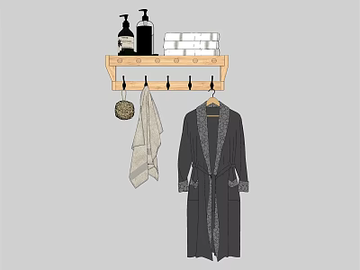 Wooden Wall Mounted Storage Shelf with Liquid Soap Bottles Towel and Bathrobe on Hooks 3d model