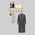Wooden Wall Mounted Storage Shelf with Liquid Soap Bottles Towel and Bathrobe on Hooks