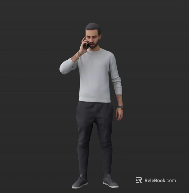 Man Standing And Talking On Phone In Gray Long Sleeved Shirt And Dark Pants 3d model 