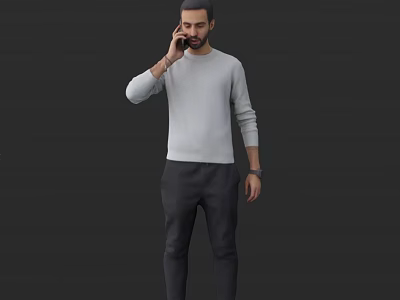 Man Standing And Talking On Phone In Gray Long Sleeved Shirt And Dark Pants 3d model