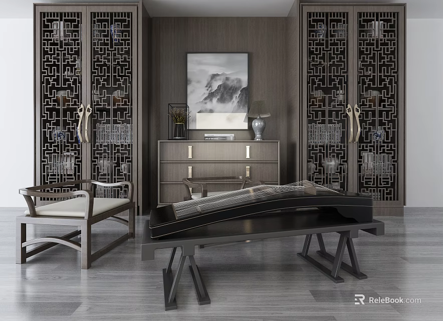 Chinese Style Decorative Cabinet with Intricate Carving and Wooden Furniture in Living Room 3d model 
