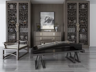 Chinese Style Decorative Cabinet with Intricate Carving and Wooden Furniture in Living Room 3d model