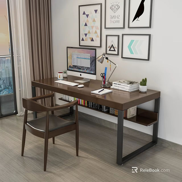 Modern Home Office Desk With Computer Lamp Books Small Plant And Decorative Paintings 3d model 