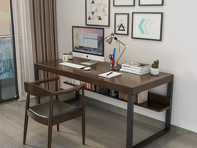Modern Home Office Desk With Computer Lamp Books Small Plant And Decorative Paintings 3d model