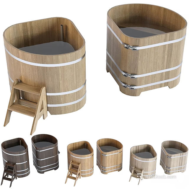Classic Wooden Bathtub Design With Different Styles And Step Stool 3d model 