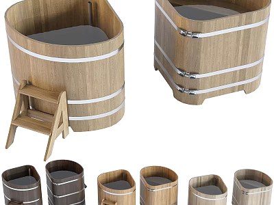 Classic Wooden Bathtub Design With Different Styles And Step Stool 3d model