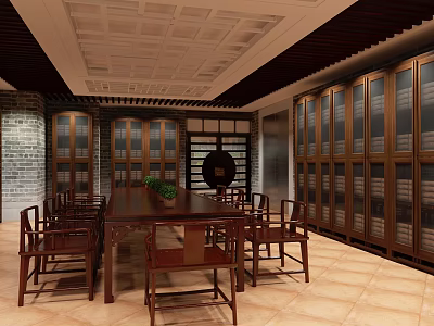 School Reading Room With Long Wooden Table Chairs Glass Door Bookshelves And Grid Ceiling 3d model
