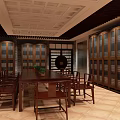 School Reading Room With Long Wooden Table Chairs Glass Door Bookshelves And Grid Ceiling