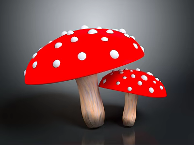 Two Red Mushrooms With White Spots And Wooden Stems On Dark Background 3d model