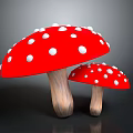 Two Red Mushrooms With White Spots And Wooden Stems On Dark Background